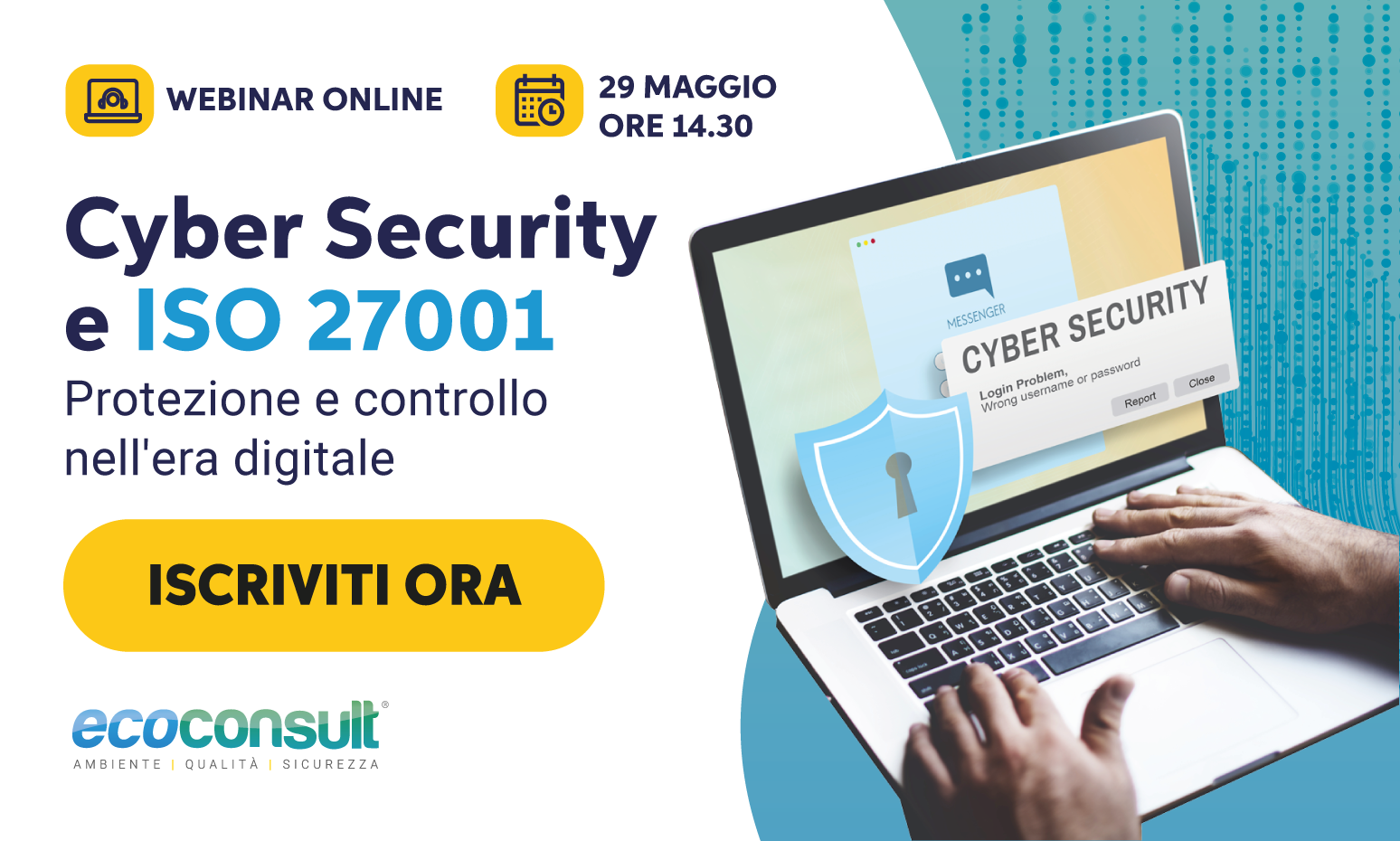 Copertina evento webinar gratuito Cyber security e ISO 27001 - Ecoconsult
